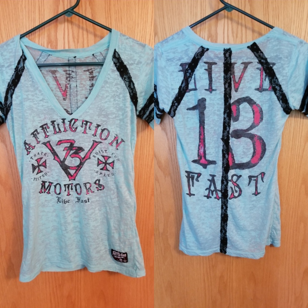 Light Blue Affliction Tshirt Small
